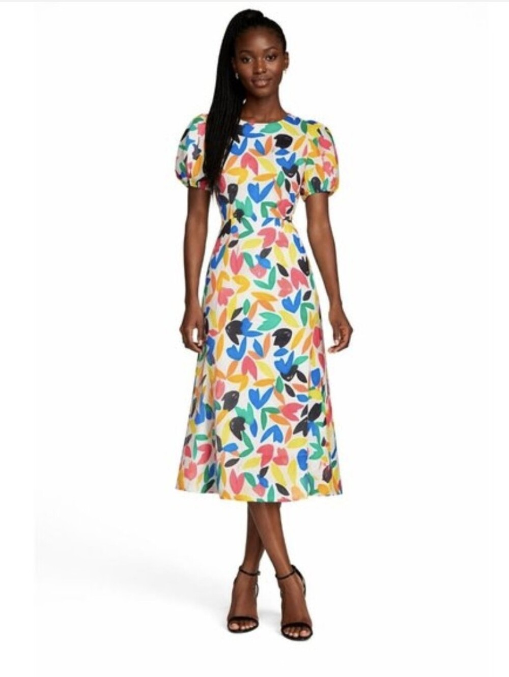 Calvin Klein Multi-Color Abstract Puff Sleeve Cotton Midi Dress